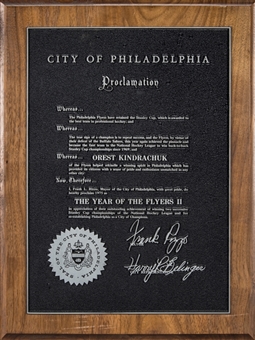 Orest Kindrachuks 1975 Year of the Flyers II Plaque Presented by Philadelphia Mayor Frank Rizzo
